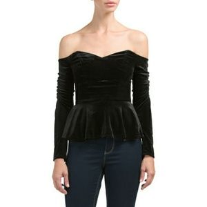 Wayf black velvet off the shoulder peplum top S